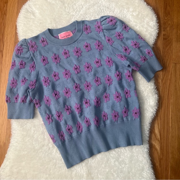 Kate Spade Marker Floral Puff Sleeve Sweater XS Blue Purple - Picture 2 of 5